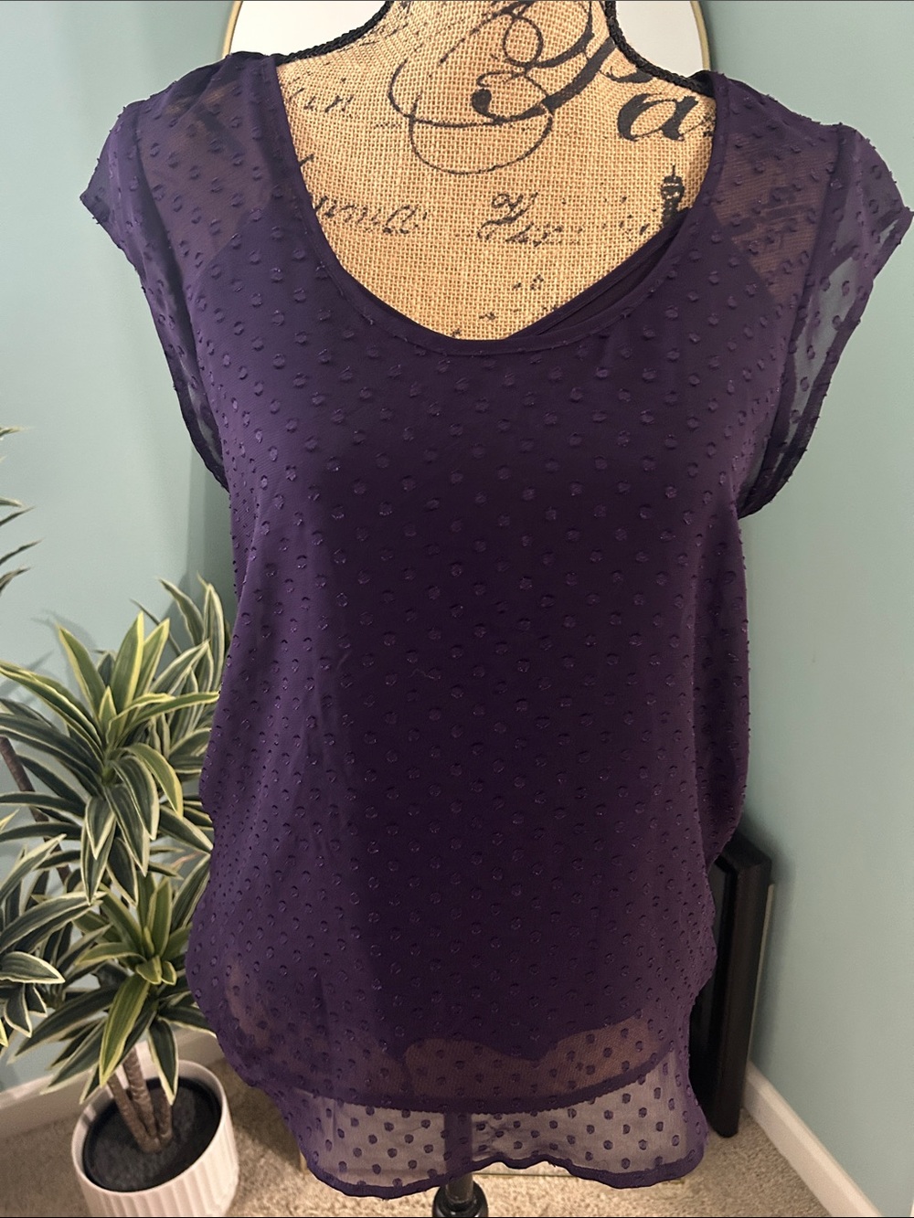 Daniel Rainn Purple Semi-Sheer Dot-Texture Short Sleeve Blouse